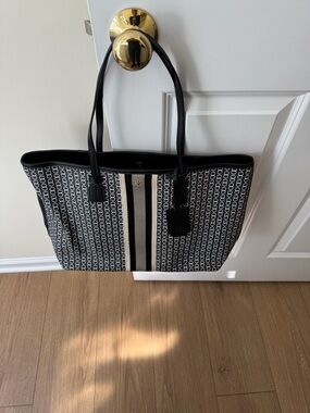 Tory Burch Black and White Signature Stripe Tote